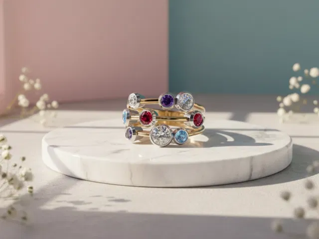 MIXED METAL DIAMOND AND GEMSTONE BUBBLE RING